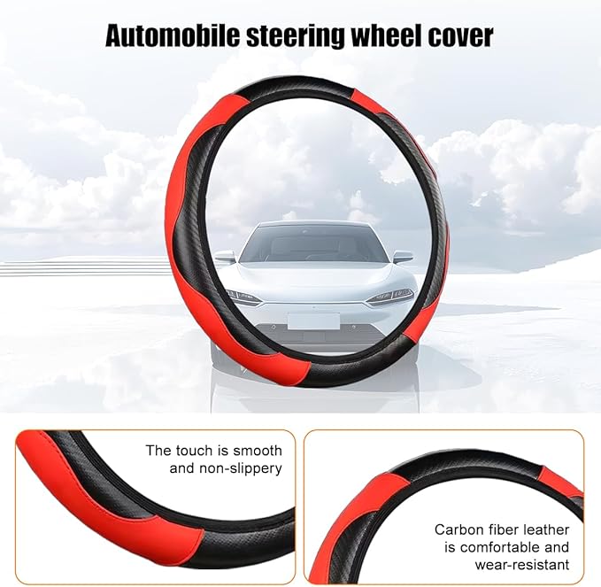 Carbon Fiber Car Steering Wheel Cover, 14.5-15 Inch Elastic Stretch Steering Wheel Guard, Sports Style Non-Slip Automotive Interior Accessories, Universal for Vehicles (Black/Red)