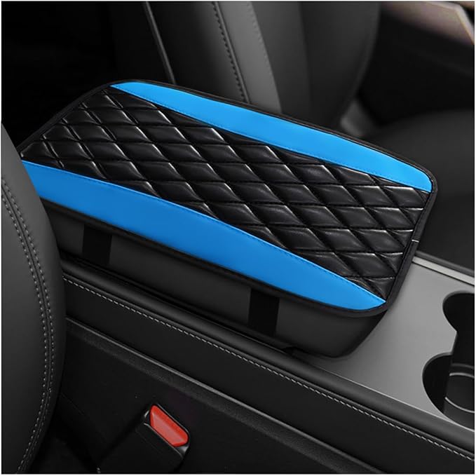 Car Center Console Cushion Pad, 12.6"×7.5" Waterproof Leather Armrest Seat Box Cover Protector, Soft Comfortable Anti-Scratch Arm Rest Console Pad for Most Cars Trucks SUVs (Black & Blue)