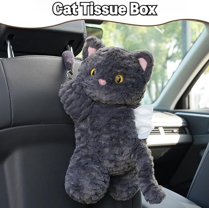 Cute Cat Car Tissue Holder Plush Kitten Paper Box for Backseat Adorable Hanging Organizer & Decor for Women Pet Lovers & Gifts (White)