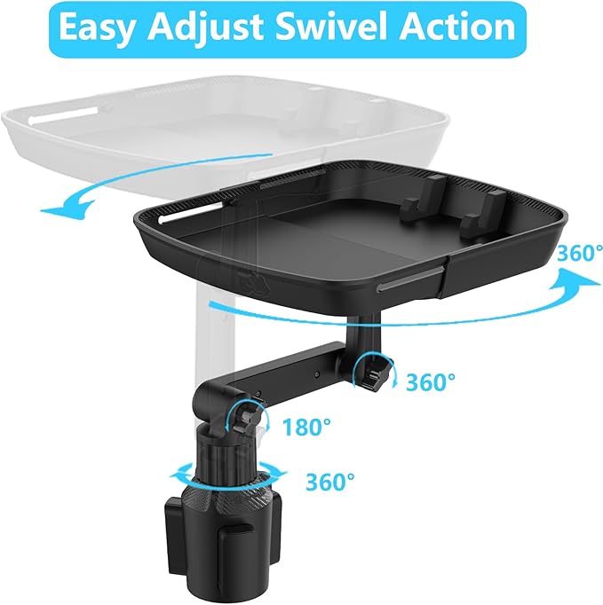 DOUBFIVSY Larger Cup Holder Tray for Car, 10 inch Car Food Tray with Phone Holder Detachable 3 in 1 Car Cup Holder 360° Rotating Food Table Tray Expander for Eating