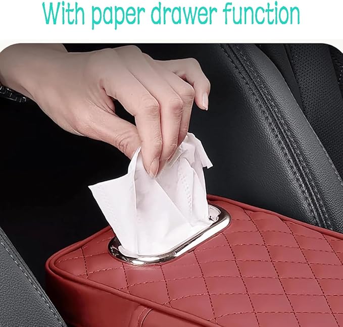 Rneswi Car Armrest Cover Leather Car Console Covers Box Pad with Pocket and Tissue Box Arm Rest Cover for Car for SUV Truck Sedan Vehicle (Beige)