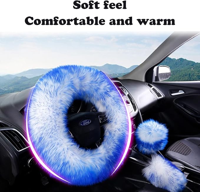 15inches Universal Leather Car Steering Wheel Cover Car Accessories Colorful Fuzzy Steering Wheel Cover Gear Shift Cover Handbrake Cover (Blue)