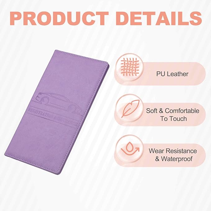 HARFINGTON Car Registration and Insurance Holder 9.65" x 4.92" PU Leather Vehicle Glove Box Organizer Storage Accessories Men Women Car ID Holder for License ID Cards Bank Cards, Dark Purple