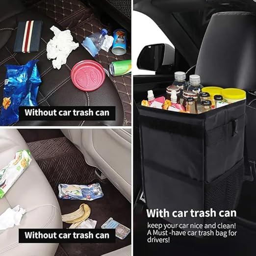 Cute Car Trash Can with Lid – Multipurpose Collapsible Trash Bin for Car, Leak-Proof Organizer, Waterproof Garbage Can with Storage Pockets & Adjustable Straps, 2 Gallons (Black)