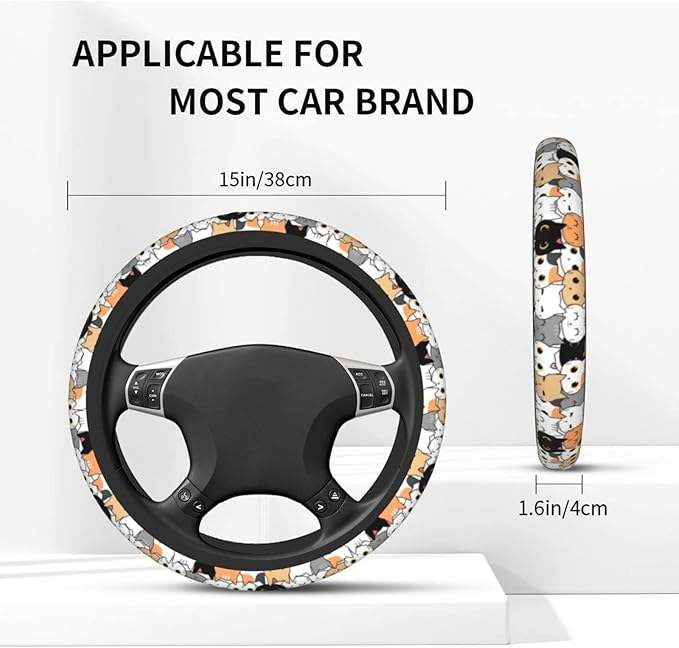 Cat Steering Wheel Cover for Women Men with 2 Pcs Car Coasters, Universal 14.5-15 Inch Cute Steering Wheel Covers Non-Slip Car Accessories for Girls