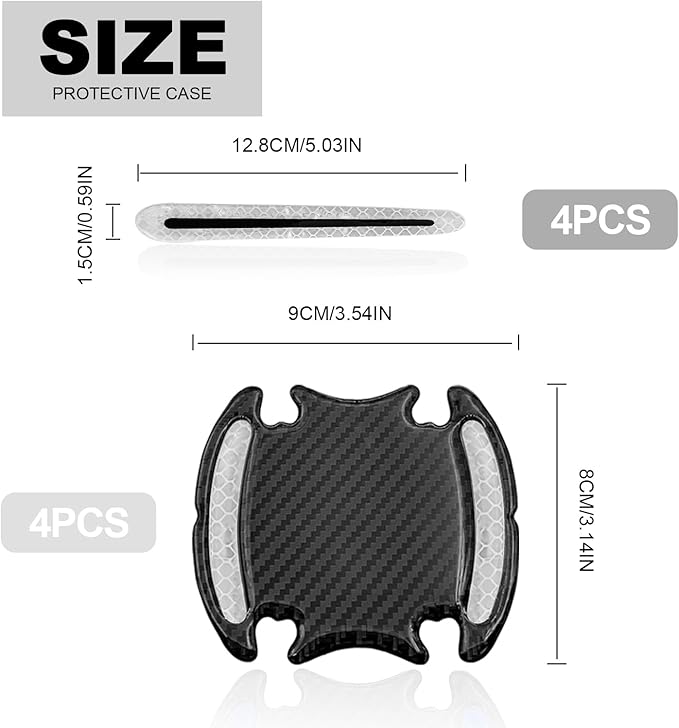 8PCS Universal Car Door Handle Protector Sticker - 3D Carbon Fiber Anti-Scratch Cover, Self-Adhesive & Non-Marking Reflective Safety Strips, Paint Protection Film (Silver)