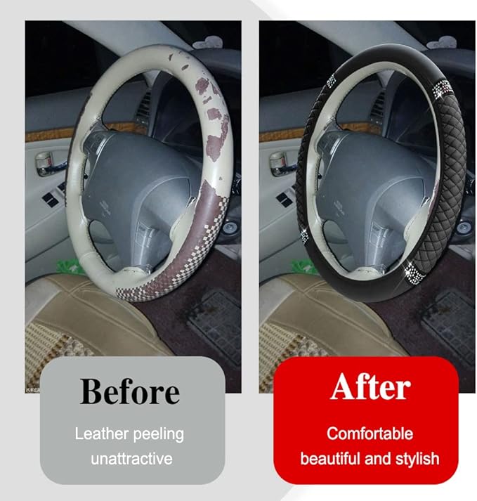 Bling Soft Leather Steering Wheel Cover, Anti-Slip Car Steering Wheel Protector, 15 Inch Rhinestones Soft Leather Elastic Steering Wheel Protector for Women Girls, Car Accessories for Most Cars