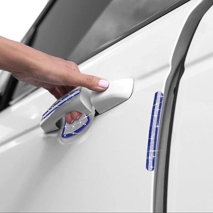 Gengki 10PCS Car Door Handle Bling Rhinestones Stickers, Gray Universal Auto Door Handle Safety Reflective Strips Blue White