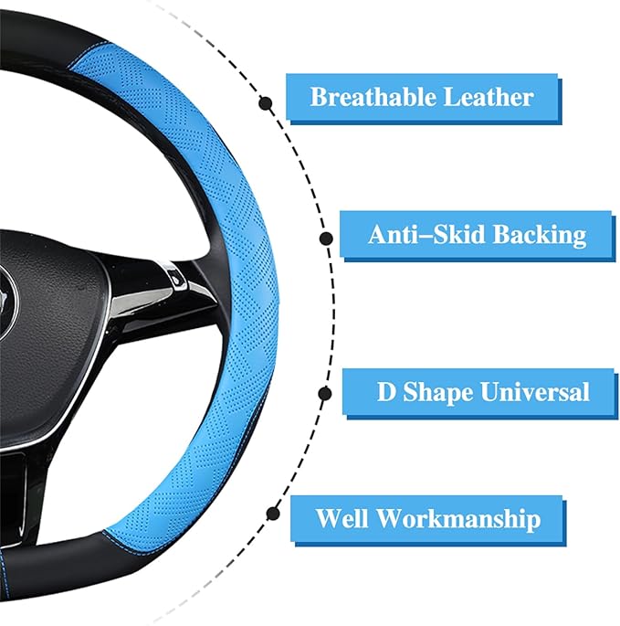 D Cut Steering Wheel Cover, Universal Microfiber Leather Breathable Flat Bottom Steering Wheel Cover Sports Style, 15 inch/ 38cm, Blue