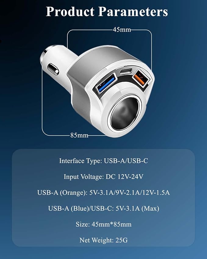 [QC3.0&4IN1] USB Car Charger Adapter, Cigarette Lighter Socket Car Adapter [with QC3.0 18W&PD/USB A 3.1A], 12V 24V Car Charger Compatible with iPhone 14/13/12/11/XS/XR/X/8,iPad,Galaxy,Dash Cam,GPS etc