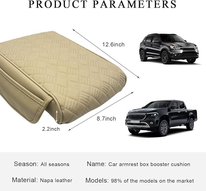 Car Armrest Cushion, 12.6"×8.7" Waterproof Leather Center Console Cover with Pocket, Auto Comfortable Memory Foam Middle Console Elbow Pillow Cushion Pad, Car Accessories (Beige)
