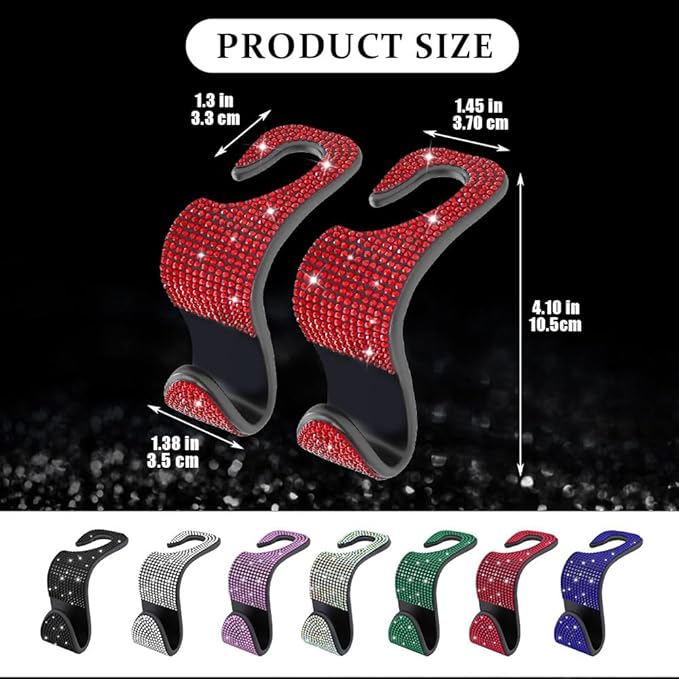 2PCS Car Seat Hooks, Purse Hook for Car, Crystal Rhinestone Vehicle Backseat Purse Holder, Auto Accessories Diamond Auto Seatback Storage Organizer Hanger for Handbag Clothes Purse (Red)
