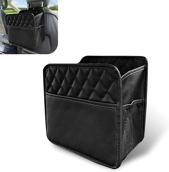 Backseat Car Organizer, 10" x 10" PU Leather Hanging Storage with Side Pockets, Multifunctional Auto Backseat Organizer, Large Capacity Waterproof Garbage Can for Most Cars Vehicles (Black)
