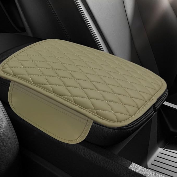 Car Center Console Cover, Car Armrest Cover Cushion, Leather Support Pad with 2 Storage Bags, Universal Interior Decorative Accessory for Most Vehicles, SUVs, Trucks, RVs (Beige)