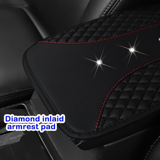 Mandark Bling Leather Car Center Console Cover, Crystal Rhinestone Vehicle Armrest Seat Box Protector, Waterproof Non-Slip Auto Arm Rest Decor Cushion, Universal for SUV, Truck, RV（Black）