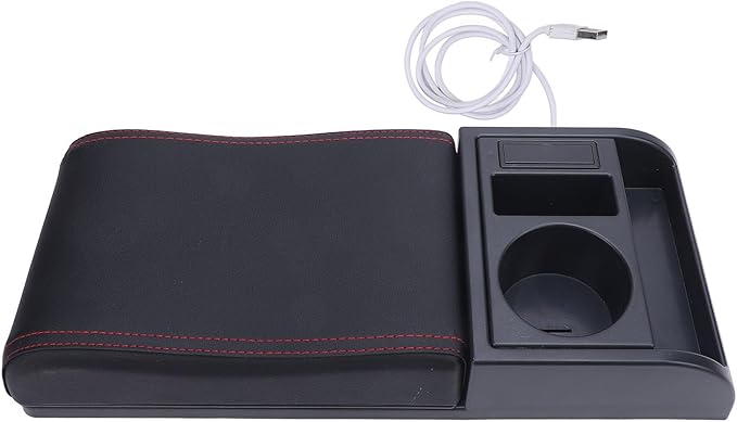 Center Console Armrest Box Cover Adjustable Length with USB Charging Port Cup Holder Universal for Most Vehicles (Red Line)