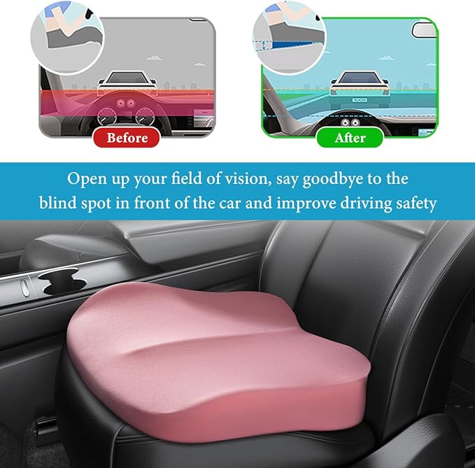 Car Seat Cushion, Comfort Ergonomic Memory Foam Seat Cushion for Tailbone Back Pain Relief, Breathable Car Cushion Suitable for Short People Driver to Get Better View (Pink)