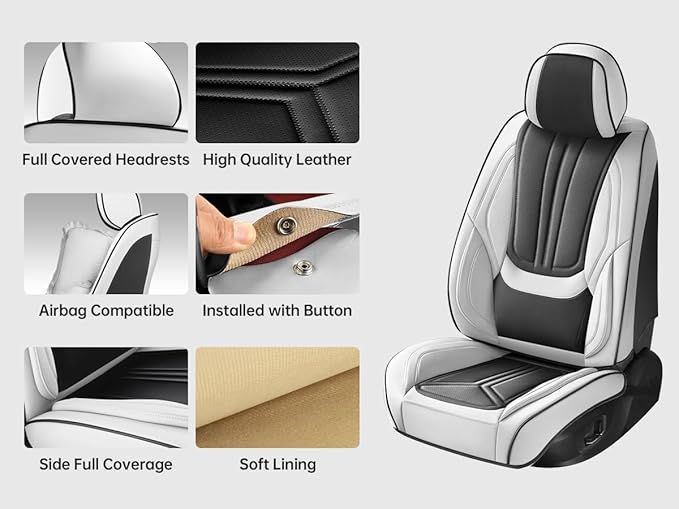 SCDOOCA Car Seat Covers Full Set White Black, Luxury Leather Car Seat Covers, Waterproof and Breathable Seat Covers, Universal Car Seat Protector Fit for Cars, Trucks, SUVs, Pick-ups (Full Set)