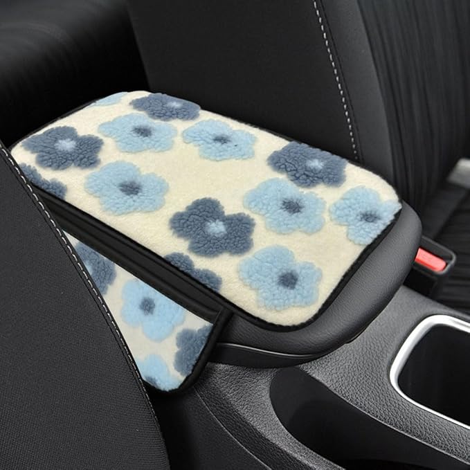 Car Center Console Cover, Soft Fluffy Car Armrest Seat Box Cushion Pad with 2 Storage Bags, Universal Vehicle Interior Protector Accessories for Most Sedans, SUVs, Trucks (Blue)