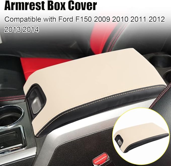 XITER 1PC Leather Center Console Armrest Box Cover Waterproof Cushion Pad for F150 2009-2014 Not Fit Jump Seat Console(Beige+Black)