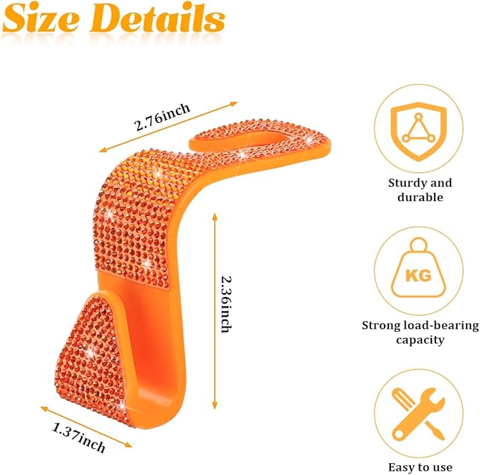 HZEL Bling Car Seat Headrest Hooks, 4PCS Crystal Rhinestone Vehicle Seat Back Hanger Holder for Purses Bag Handbags, Diamond Headrest Storage Organizer, Universal Auto Accessories (Orange)
