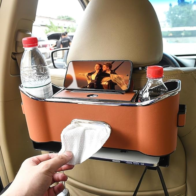 Backseat Car Organizer with Cup Holder, Multifunctional Headrest Storage Organizer for Cars, SUVs, Trucks, with Tissue Box, Drink Cup Holder & Handbag Hook (Orange)