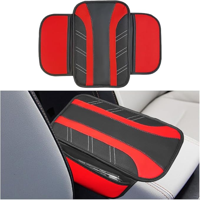Car Center Console Cover, Soft Leather Sporty Armrest Protector Cushion with 2 Storage Pockets, Comfortable Auto Interior Middle Console Arm Rest Box Pad, Universal for Vehicles (Red)