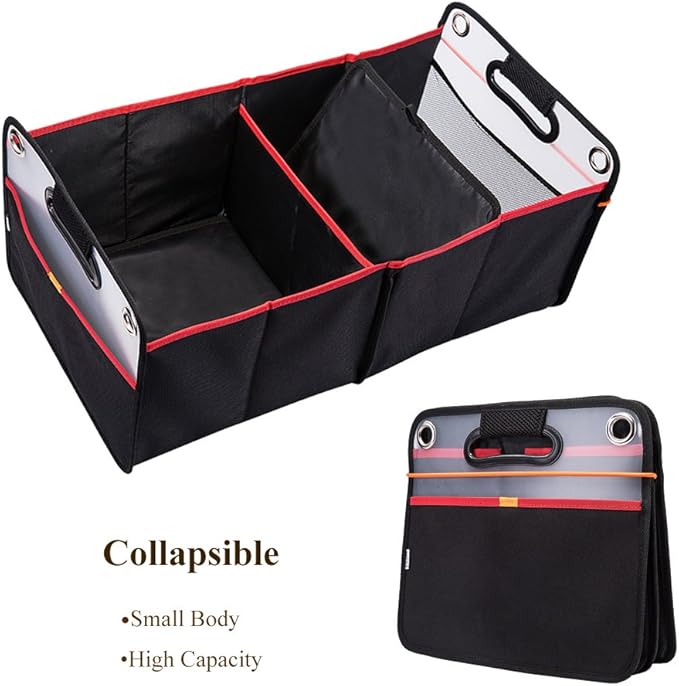 Car Trunk Organizer, Collapsible Auto Trunk Organizer Storage, Portable Grocery Cargo Container with Two Large Compartments for SUV, Vehicle, Truck, Home and Office