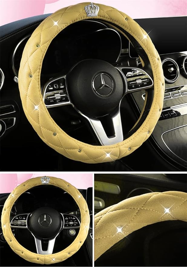 Bling Crown Crystal Car Steering Wheel Cover 15Inch Leather Steering Covers Cute Steering Wheel Protector (Yellow)
