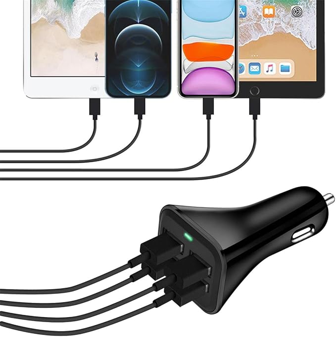 USB Car Charger Adapter, QC 3.0 Fast Car Phone Charger, 4-Port Multi 9.6 Amp Cigarette Lighter Adapter Compatible with iPhone 16/15/14/13/12 Pro Max, Samsung Galaxy S22 Note20, LG, Pixel.