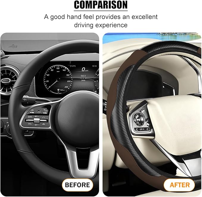 Carbon Fiber Car Steering Wheel Cover, 14.5-15 Inch Elastic Stretch Steering Wheel Guard, Sports Style Non-Slip Automotive Interior Accessories, Universal for Vehicles (Black/Coffee)