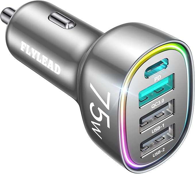 USB C Car Charger Cigarette Lighter Adapter 75W 4-Port Fast Car Charger for iPhone 17 Pro Max Air/16/15/14/13/12 Series, for Samsung S25/S24/S23, for Pixel/Android- Titanium