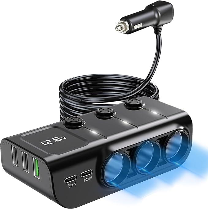 8 in 1Cigarette Lighter Splitter,LIHAN 3 Expander Socket Car Charger Adapter & 5 USB Ports(Type-C PD36W/QC3.0),12V/24V Plug,120W Outlet with LED Voltmeter,3.3FT Cable for Car,Truck,SUV,RV,Camping