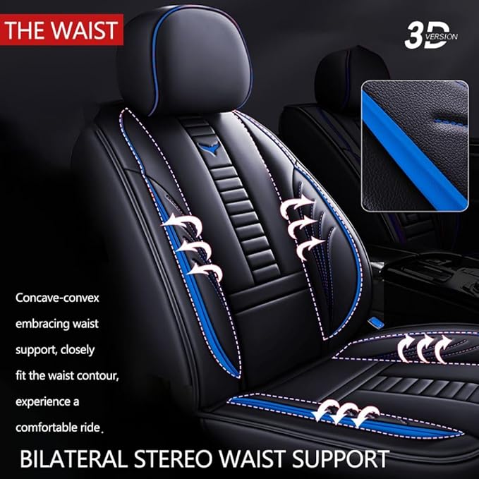 Niscarda for Volkswagen Taos Seat Covers 2022-2024, 3D Protection Faux Leather Seat Protector Car Interior Covers with 2 * Neck Pillow & 2 * Lumbar Support (Black and Blue, Full Set)