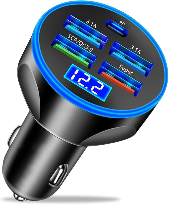 5 Port USB Car Charger, 250W Super Fast Charging Cigarette Lighter Adapter with LED Voltage Monitor, 4USB+Type C Multi Port Car Accessories Interior Compatible with Most Smart Phone (Black)