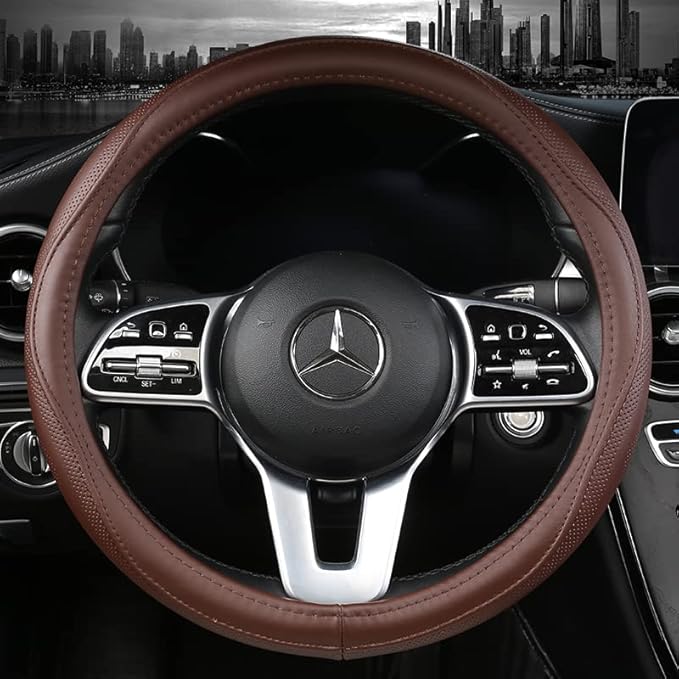 Cowhide Steering Wheel Cover Heat Resistant Anti-Slip Car Wheel Wrap Compatible with Most Makes and Models of Cars and Trucks with 14.5 to 15 Inch Steering Wheel(Brown)