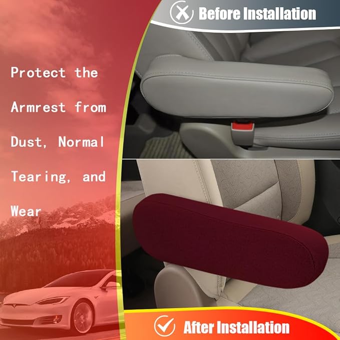 Smeyta 2PC Car Front Seat Armrest Covers,Universal Size Seat Arm Rest Cover,Flat Cloth Fabric Armrest Cover,Car Interior Accessories(Wine Red,1Pair)