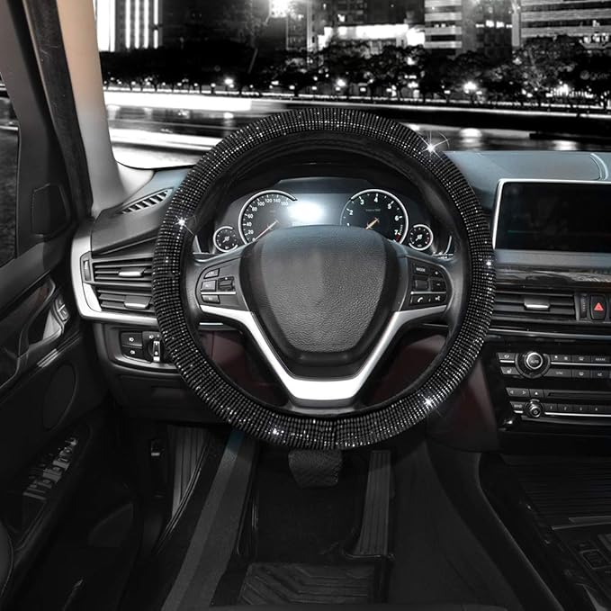Valleycomfy Steering Wheel Cover for Women Men Bling Bling Crystal Diamond Sparkling Car SUV Wheel Protector Universal Fit 15 Inch (Black with Black Diamond, Standard Size(14" 1/2-15" 1/4))