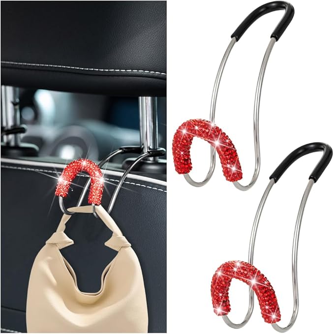 Bling Car Headrest Hook, 2PCS Crystal Rhinestone Vehicle Seat Purse Bag Organizer Hanger, Diamond Automotive Backseat Storage Holder Hook Accessories, Universal for SUV Truck Van (Red)