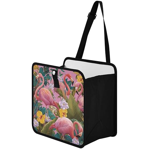 Car Trash Can Organizer Bin with Adjustable Strap for Back Front Seat Console Waterproof Leakproof Collapsible Portable 8.66 Inch Pink Romantic Tropical Flamingo and Plants