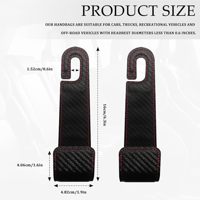 2PCS Purse Holder for Car, Purse Hook for Car, Leather Headrest Hooks for Automotive Back Seat, Auto Accessories Back Seat Organizer Hook for Grocery Bag Handbag Coat (Carbon Fiber, 2PCS)