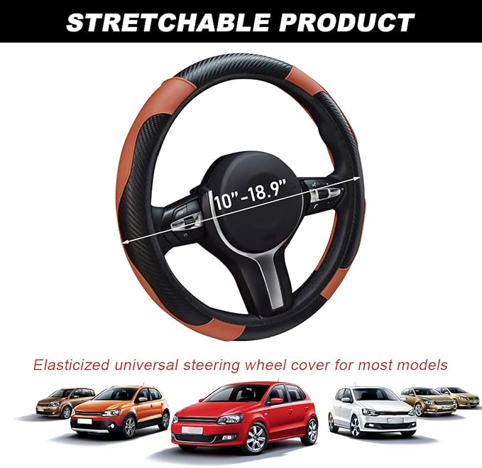 Car Steering Wheel Cover, 15 Inch Carbon Fiber Leather Stitching Color Steering Wheel Protector, Anti-Slip Elastic Breathable Steering Wheel Cover Stylish Decor for Most Cars (Black & Coffee)