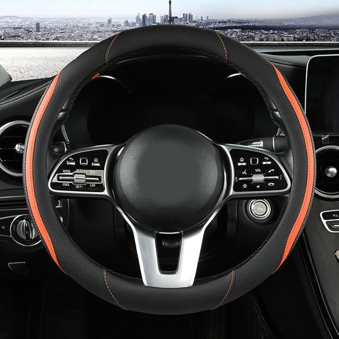 Car Steering Wheel Cover, Leather Steering Wheel Cover Orange Universal 14.5-15 Inch Microfiber Leather Anti-Slip Breathable Auto Steering Wheel Covers for Men Women (Black&Orange)