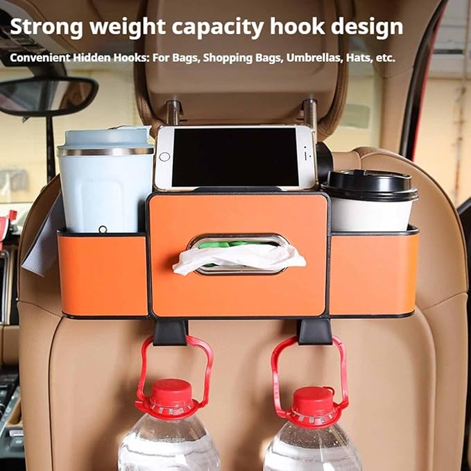 Car Organizers and Storage Box Multifunctional, Car Seat Back Organizer, 4 In 1 Universal Car Storage Box With Hanging Tissue Holder, Cup Holders & Hooks for Purses to Travel Accessories (Black)