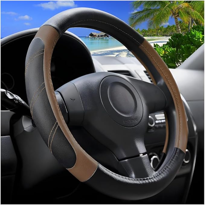 Car Steering Wheel Cover, 15 Inch Carbon Fiber Leather Non-Slip Steering Wheel Protector with Lining, Breathable Automotive Interior Accessories, Universal for SUV RV Truck (Brown)