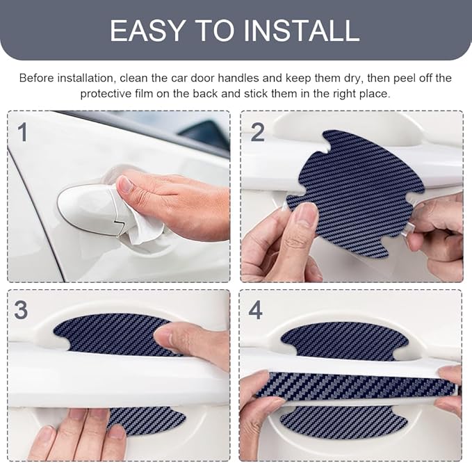 8PCS Car Door Handle Scratch Protector, Car Door Handle Sticker, Carbon Fiber Auto Doors Handles Paint Guard Cover, Waterproof Auto Paint Guard Protective Films Fit for Most Vehicles (Blue)