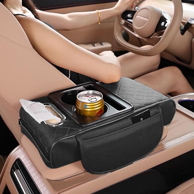 5-in-1 Car Center Console Cover,Multifunctional Arm Rest Cover for Car with Cup Holder,Phone Holder,Pocket,Car Tissue Holder,Leather Height Enhancement Car Armrest Cushion for Most Cars (Black)