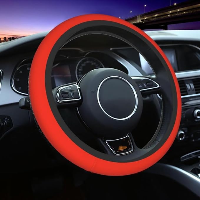 Elastic Stretch Steering Wheel Cover,Warm in Winter and Cool in Summer, Car Universal 15 inch, Microfiber Breathable Ice Silk, Anti-Slip, Odorless, Easy Carry,Red