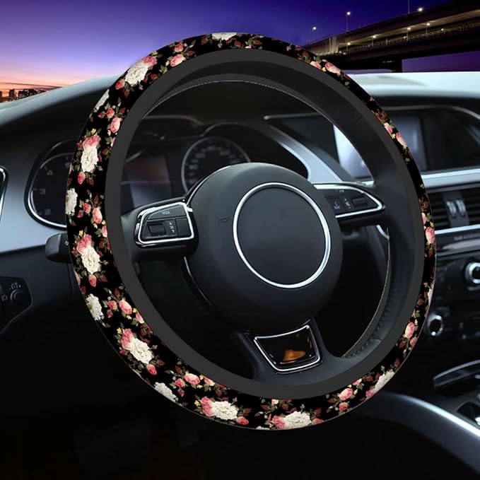 Swono Beautiful Roses Non-Slip Steering Wheel Cover Vintage Floral with Red and White Roses Neoprene Car Steering Wheel Covers Grip Automotive Steering Wheel Protector Auto Car Wrap Cover 15 Inch