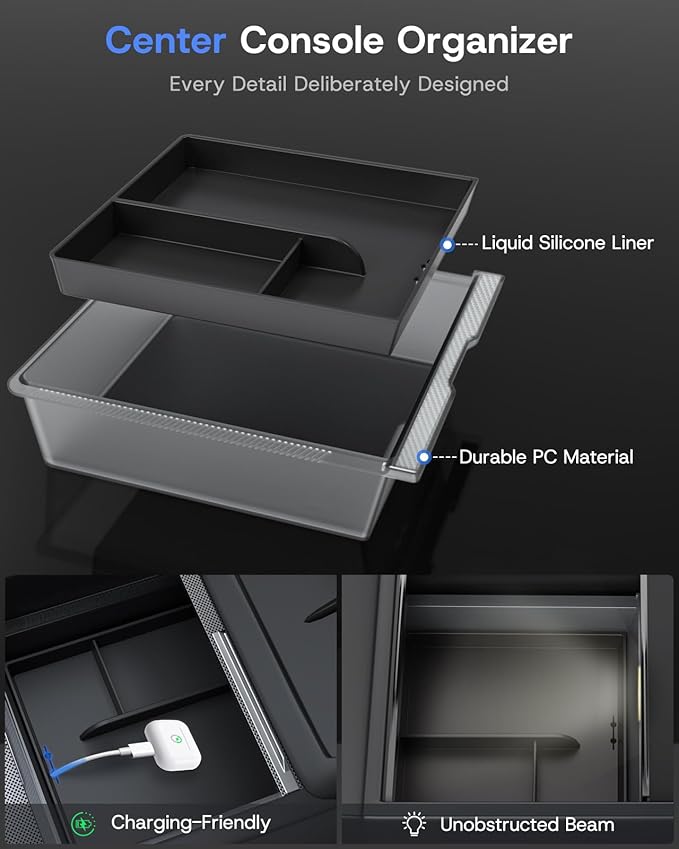 Center Console Organizer for Tesla Model Y Juniper Accessories 2026 2025 & Tesla Model 3 Highland Accessories [Durable PC + Silent Silicone Liner] Armrest Storage Tray Wireless Charging Pad Cup Holder